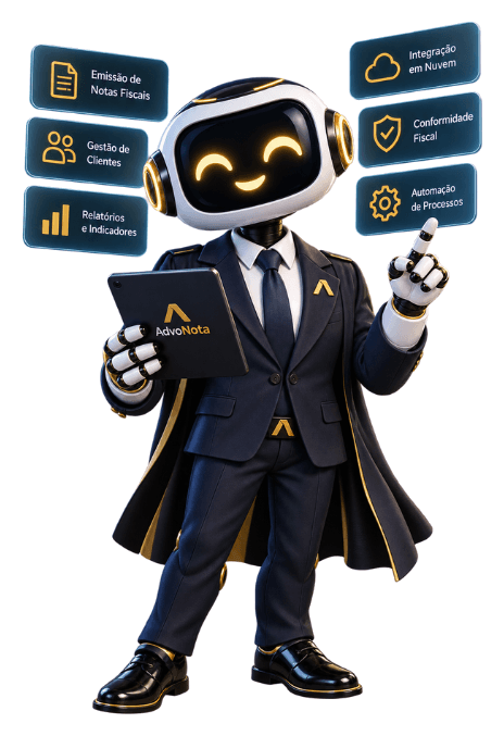 Mascote AdvoNota apresentando os recursos do sistema: emissão de notas fiscais, gestão de clientes, relatórios e indicadores, integração em nuvem, conformidade fiscal e automação de processos.